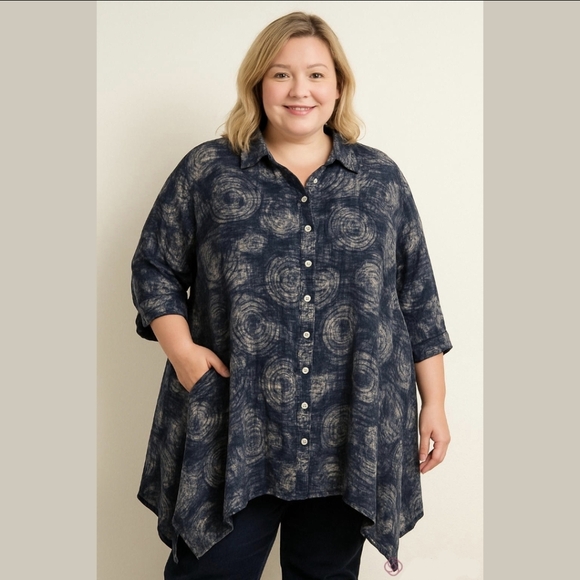 Belma New York Vintage 90s Blue White Spiral Button Tunic Top One Size Plus - Picture 1 of 12